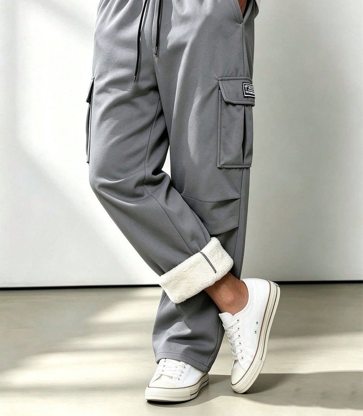 Fleece-lined cargo trousers for men with a drawcord waist, thigh flap pockets and a straight leg - view 6