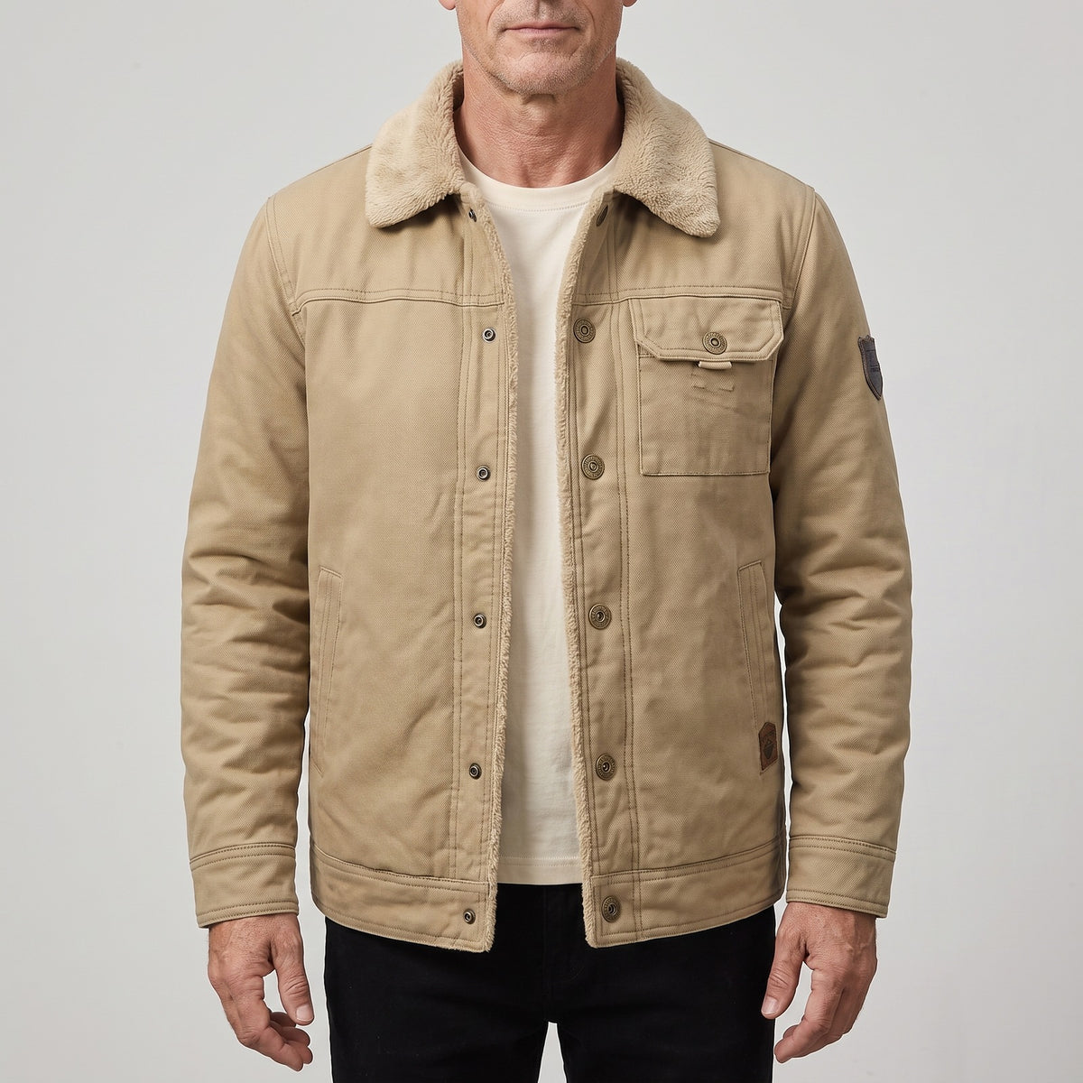 Men's fleece-lined jacket with a sherpa collar - khaki
