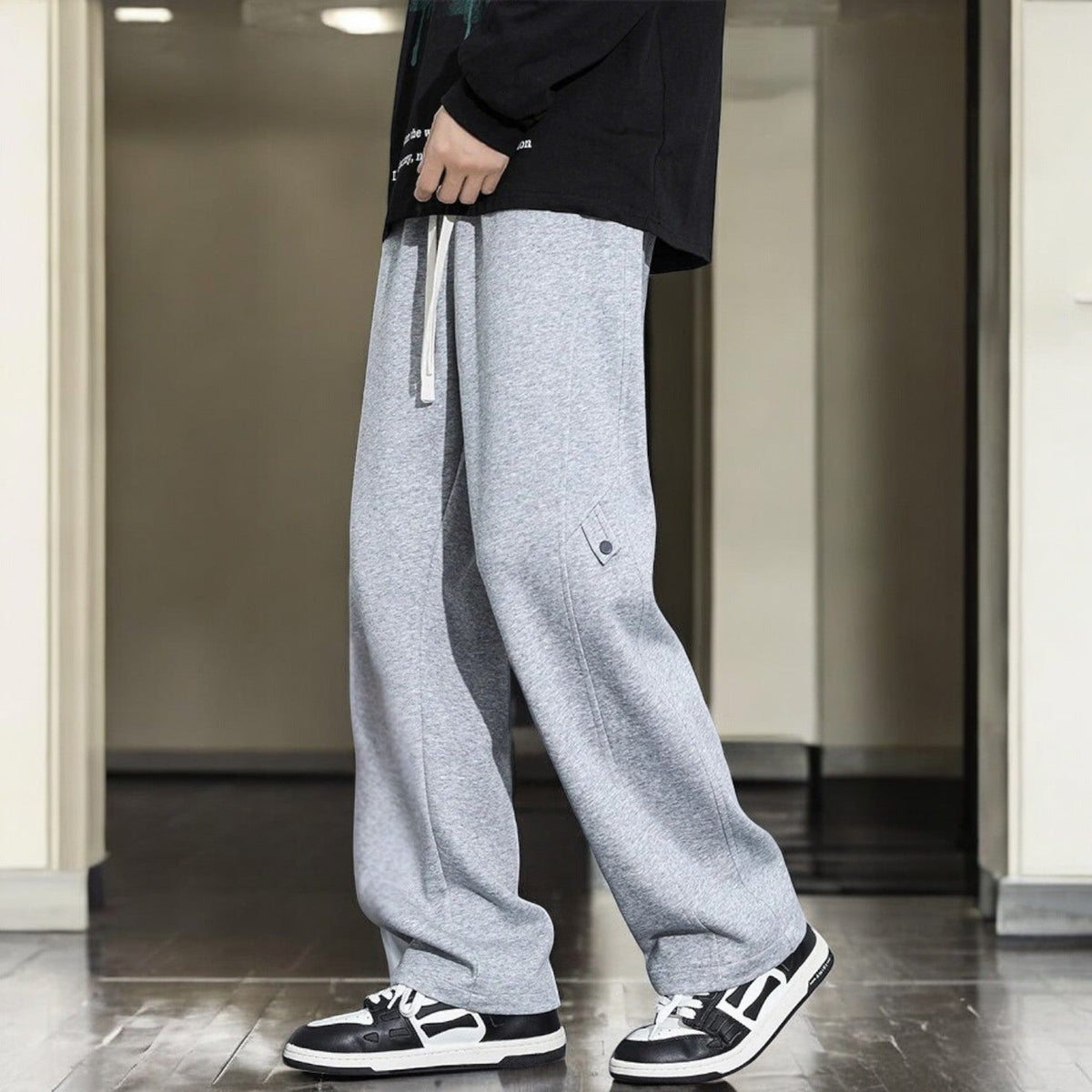 Men's fleece-lined joggers with a straight leg and a popper tab on the thigh - light grey marl