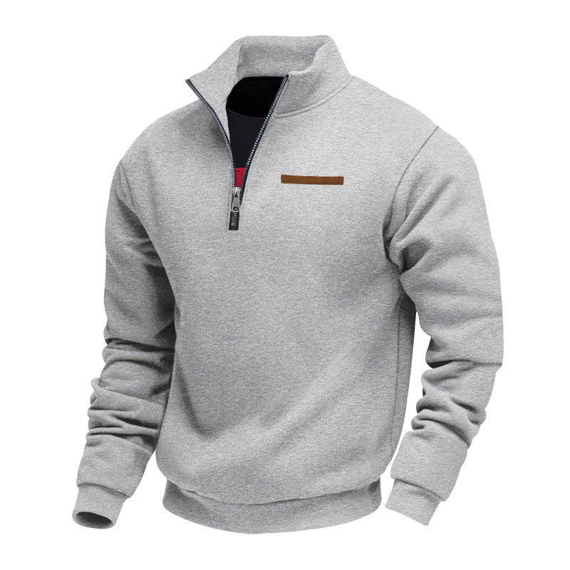 Men's quarter-zip sweatshirt with a stand collar and a trimmed chest pocket - light grey