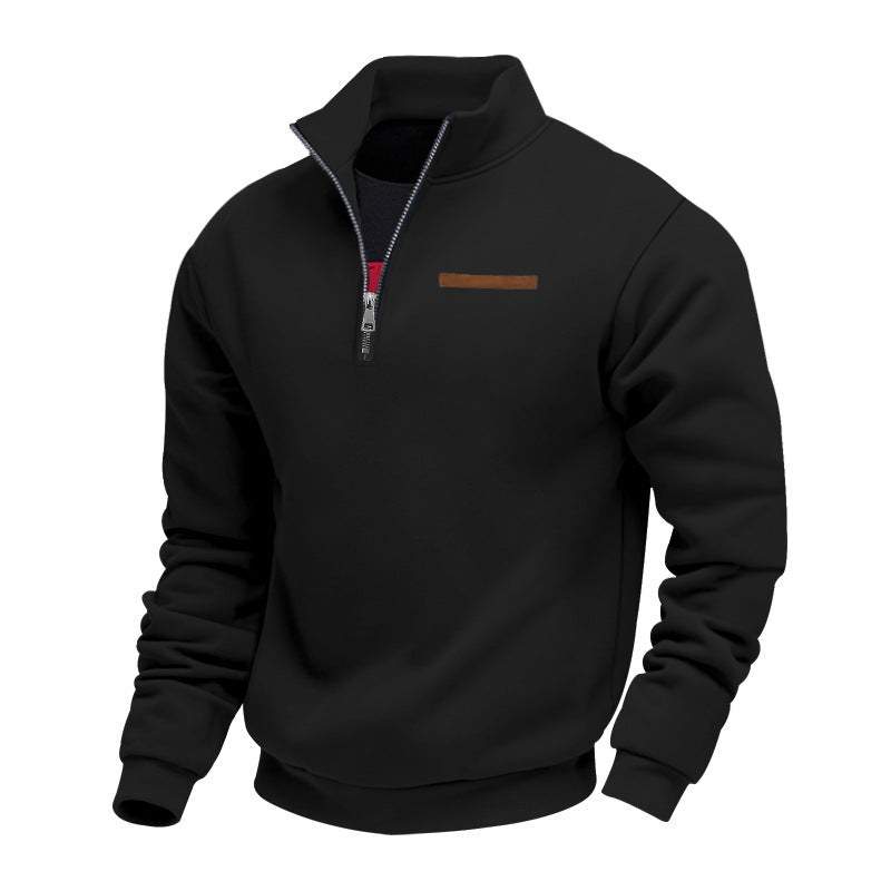 Men's quarter-zip sweatshirt with a stand collar and a trimmed chest pocket - black