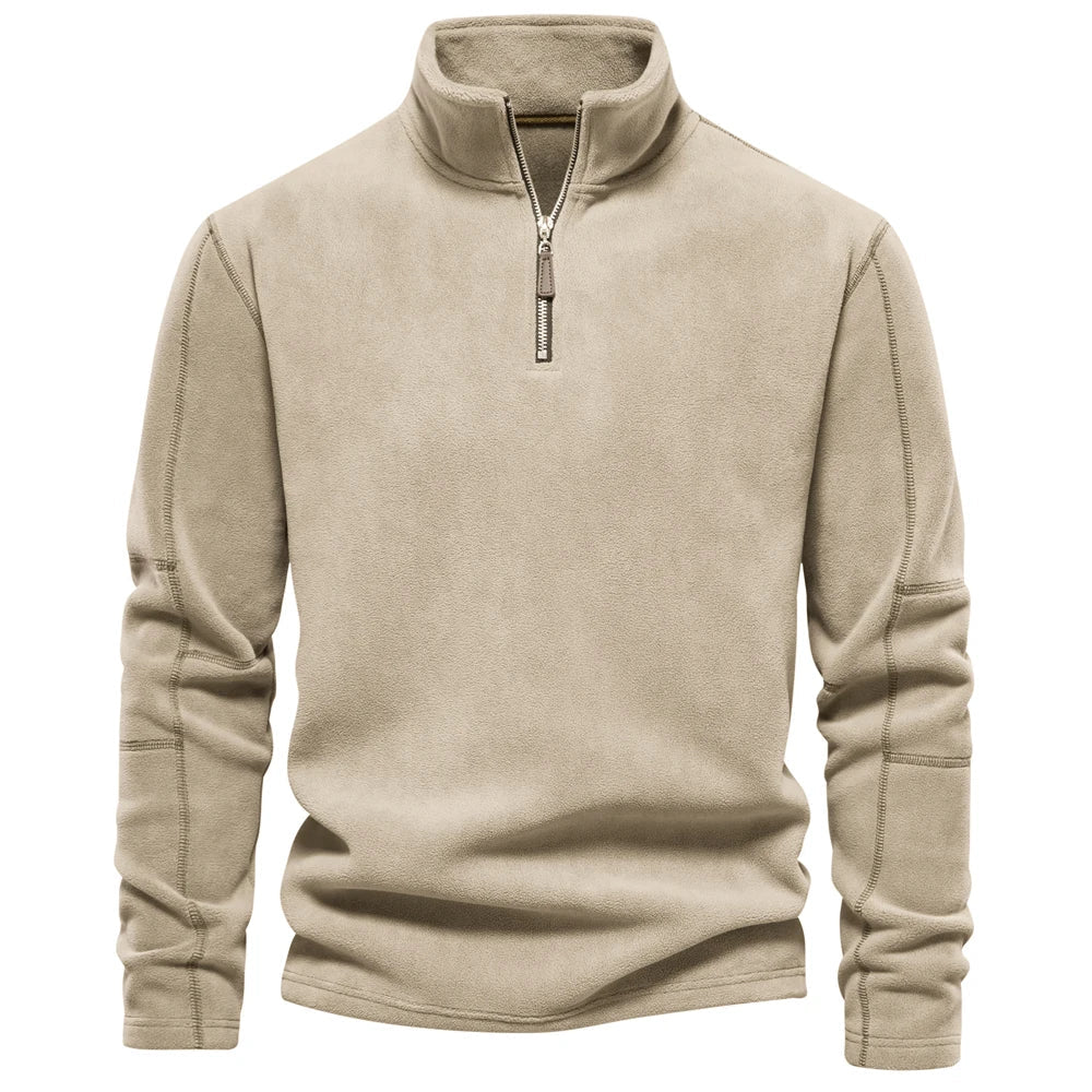Men's fleece quarter-zip jumper with a stand collar - beige