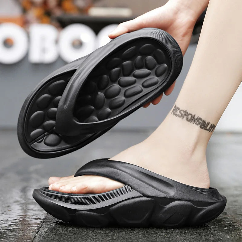 Men's EVA flip flops with thick sole, pebble-shaped nubbed footbed and wide strap - view 2