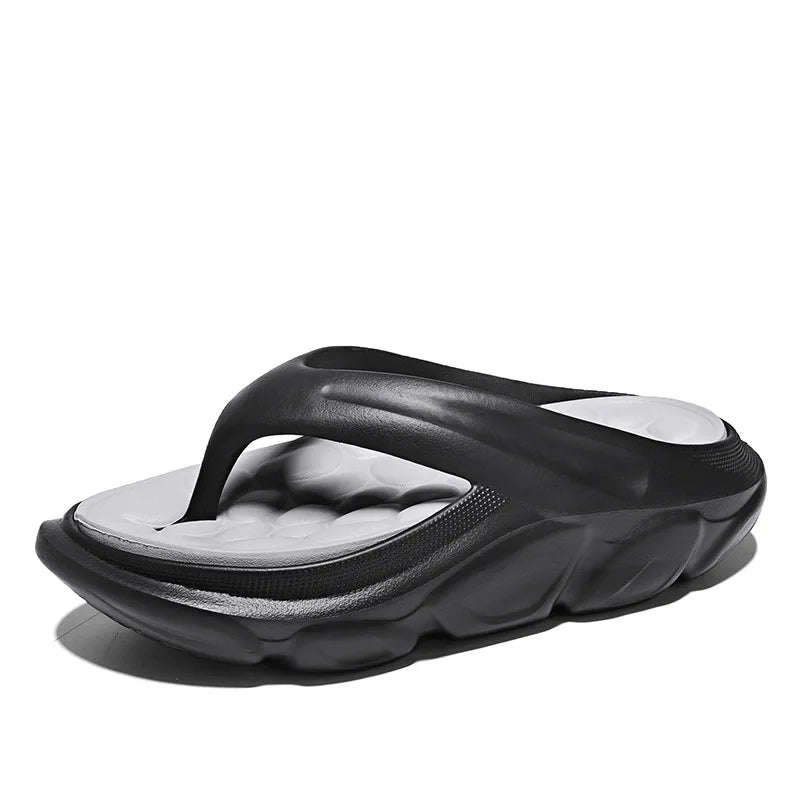 Men's EVA flip flops with thick sole, pebble-shaped nubbed footbed and wide strap - black/grey