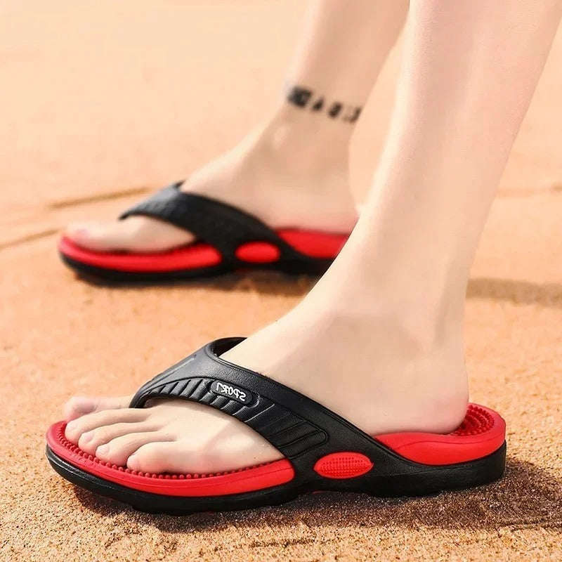 Flip flops with a studded footbed, wide toe strap and sole with tread - view 3