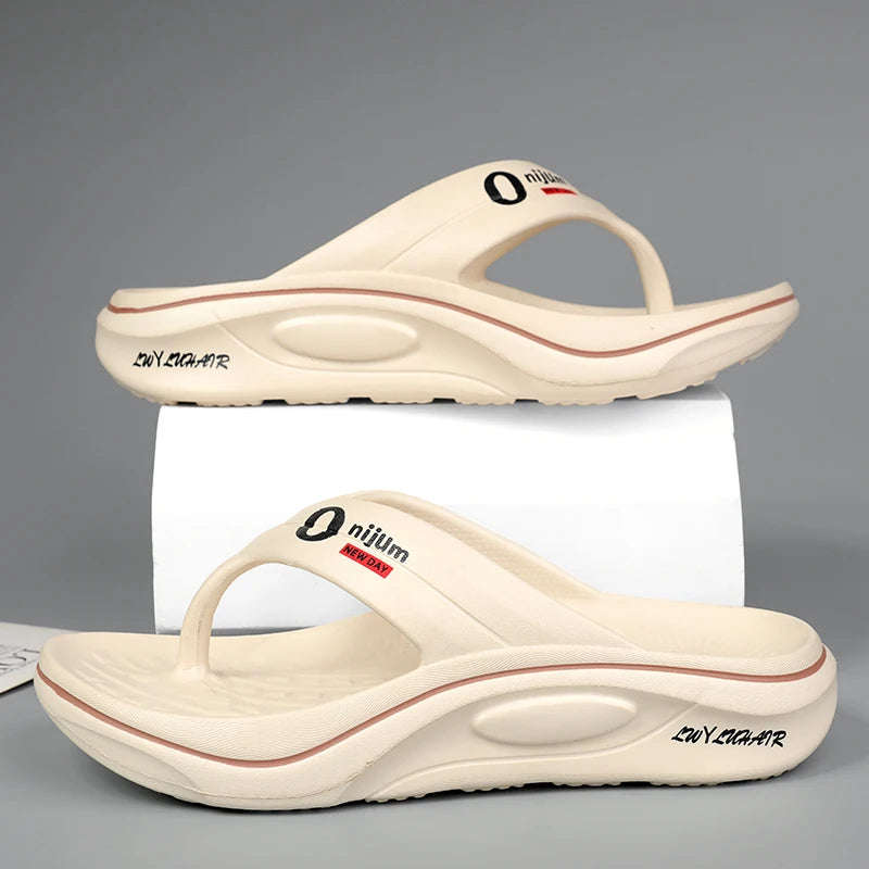 Men's EVA flip flops with thick sole, wide strap and smooth toe post - beige