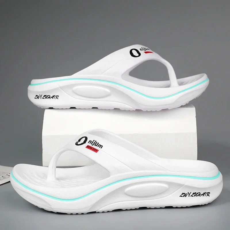 Men's EVA flip flops with thick sole, wide strap and smooth toe post - white/mint