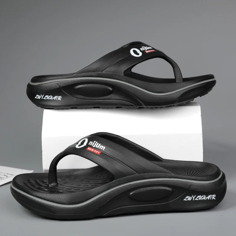 Men's EVA flip flops with thick sole, wide strap and smooth toe post - black/grey