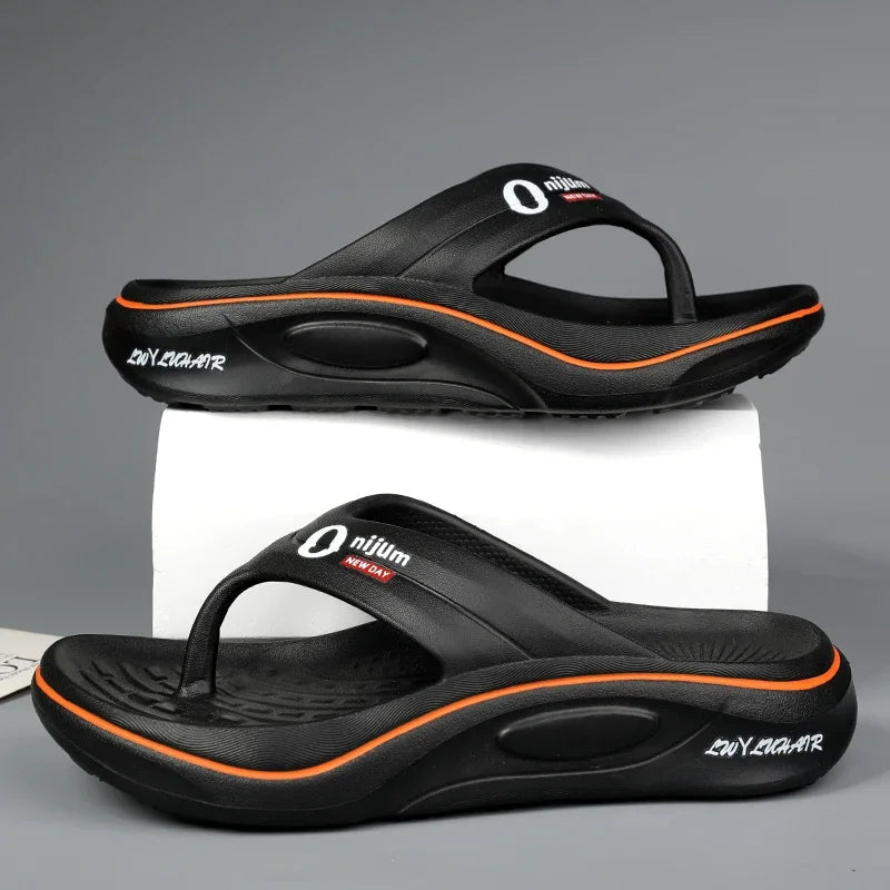 Men's EVA flip flops with thick sole, wide strap and smooth toe post - black/orange