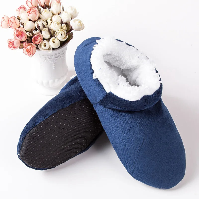 Men's velour bootie slippers with a teddy lining and folded cuff - navy