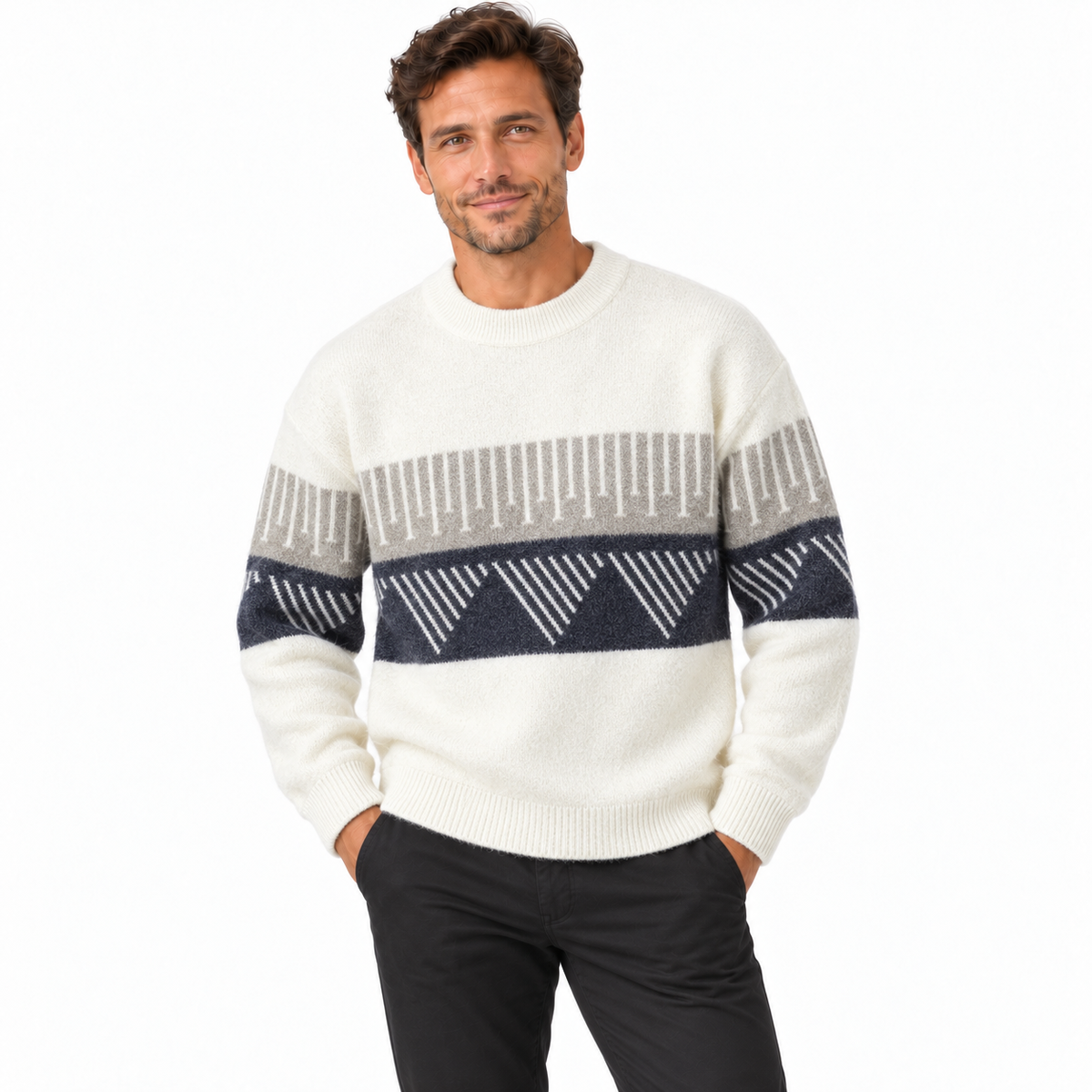 Men's fluffy knit jumper with a graphic band across the chest