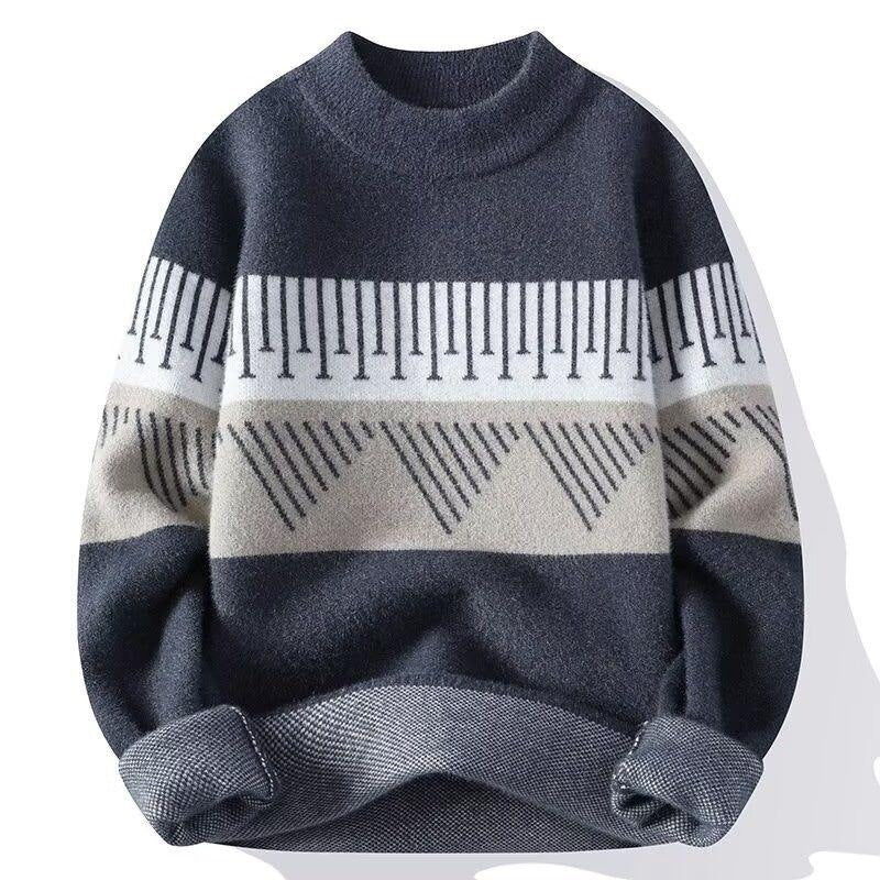 Men's fluffy knit jumper with a graphic band across the chest - navy