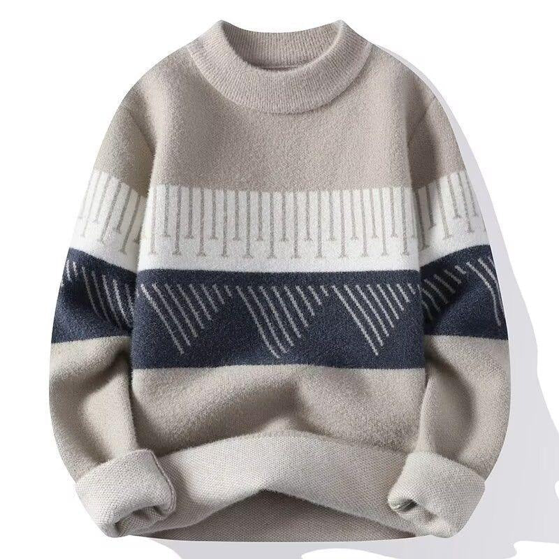 Men's fluffy knit jumper with a graphic band across the chest - taupe