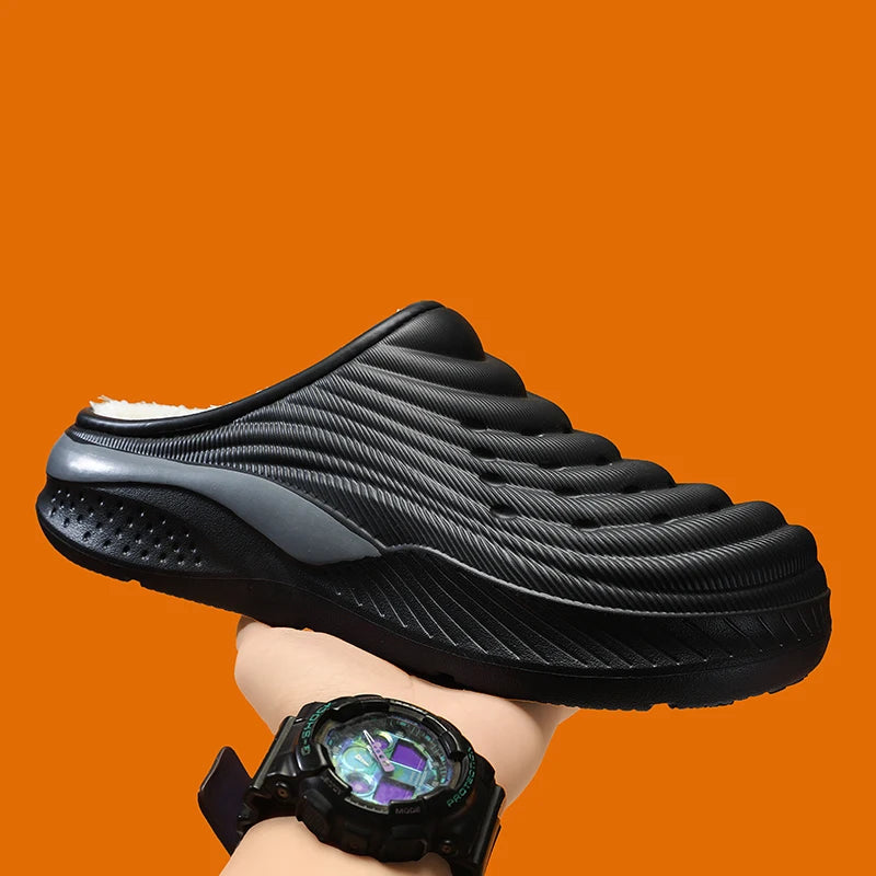 Men's fluffy slippers with open back, ribbed EVA shell, plush lining and thick sole - view 5