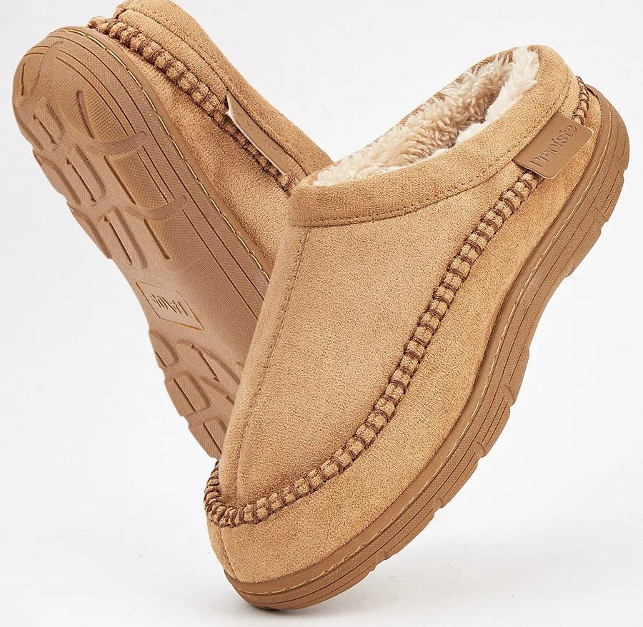 Men's fluffy slippers in suede look with plush lining, stitched welt, open back and hard sole - camel