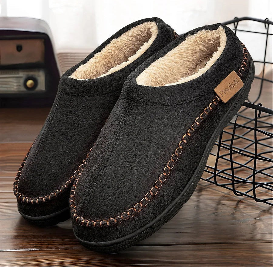 Men's fluffy slippers in suede look with plush lining, stitched welt, open back and hard sole - view 4
