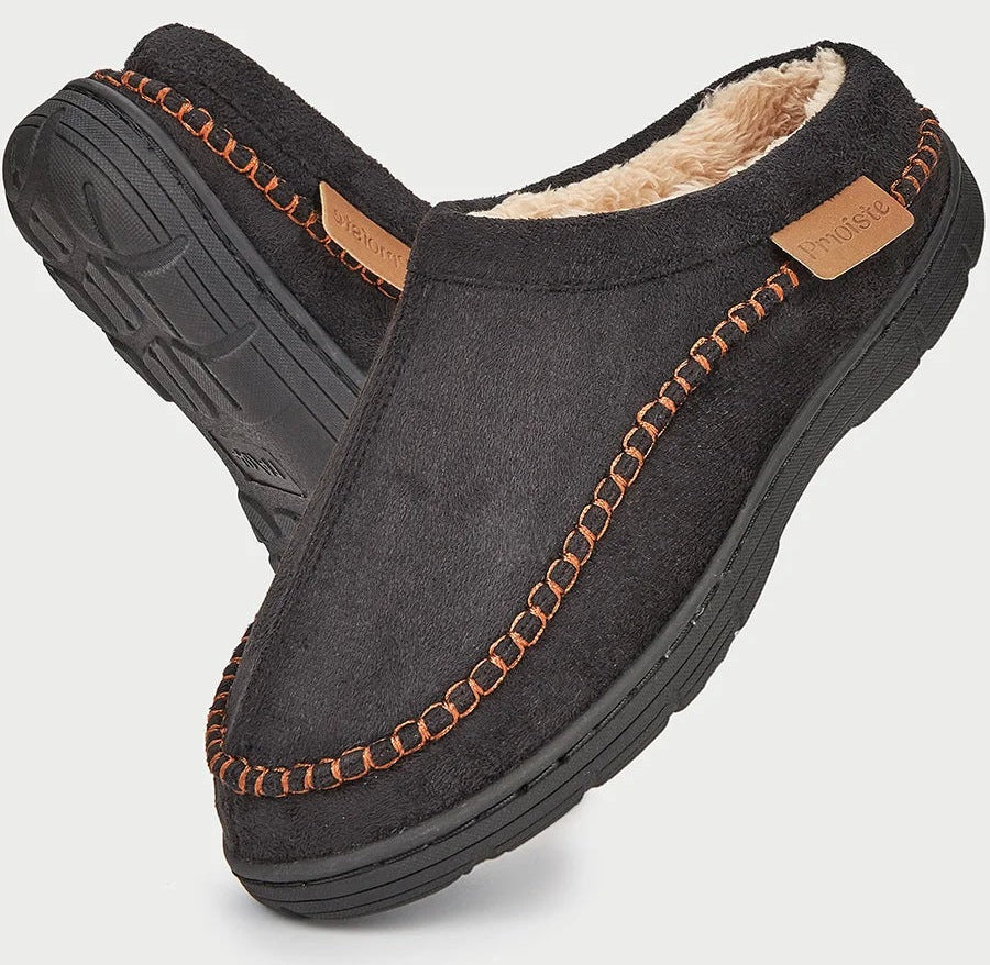 Men's fluffy slippers in suede look with plush lining, stitched welt, open back and hard sole - black