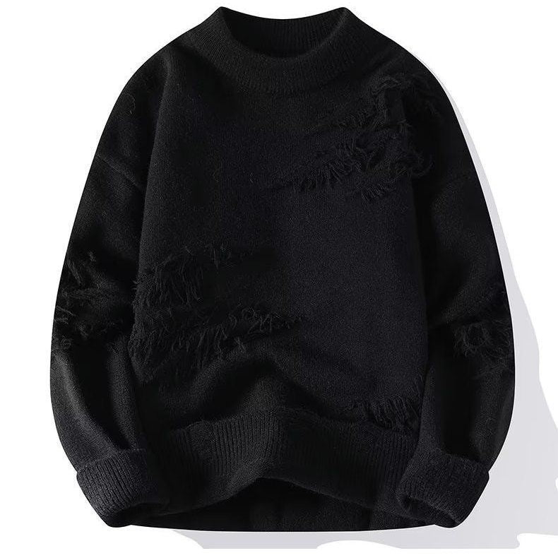 Men's relaxed jumper with frayed stripes and a crew neck - black