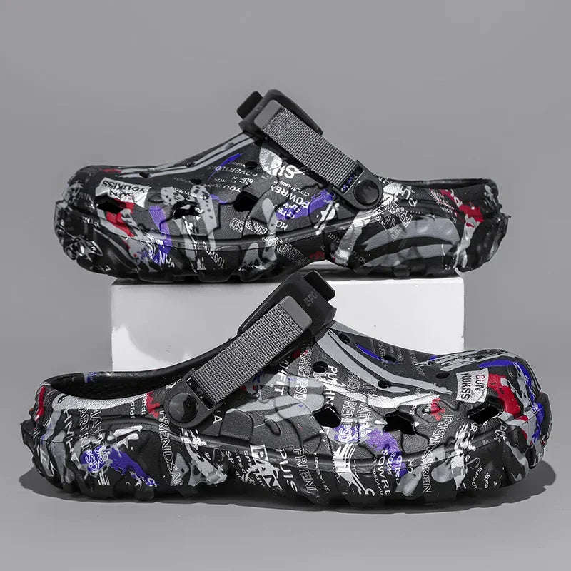 Men's garden clogs in EVA with an all-over graffiti print, vent holes and pivoting heel strap - view 2