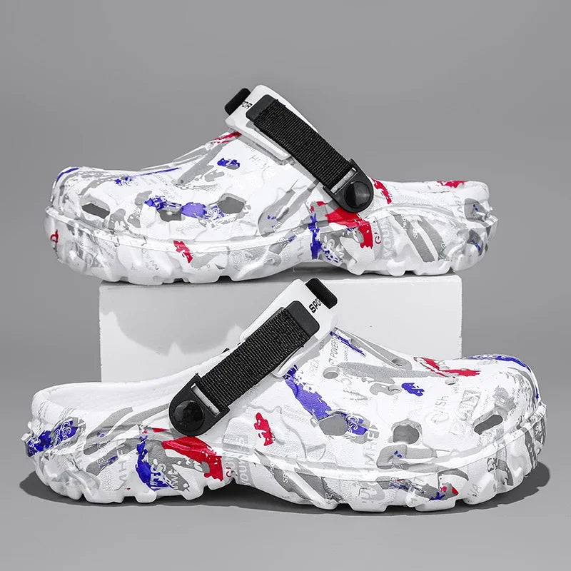 Men's garden clogs in EVA with an all-over graffiti print, vent holes and pivoting heel strap - view 4