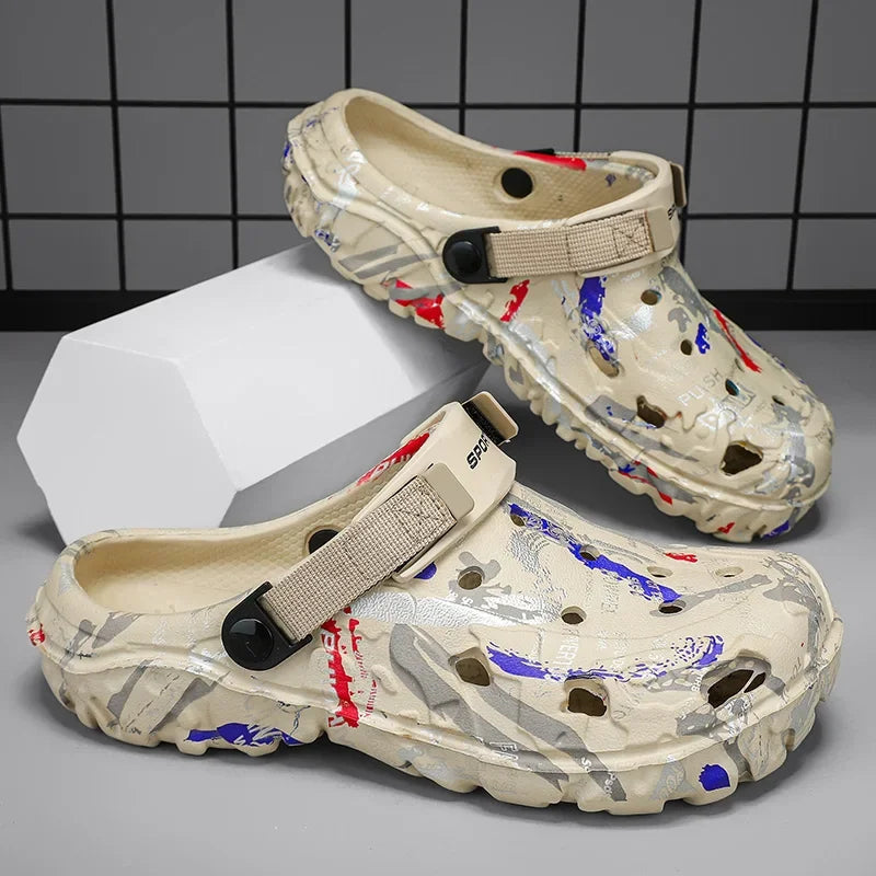 Men's garden clogs in EVA with an all-over graffiti print, vent holes and pivoting heel strap - beige
