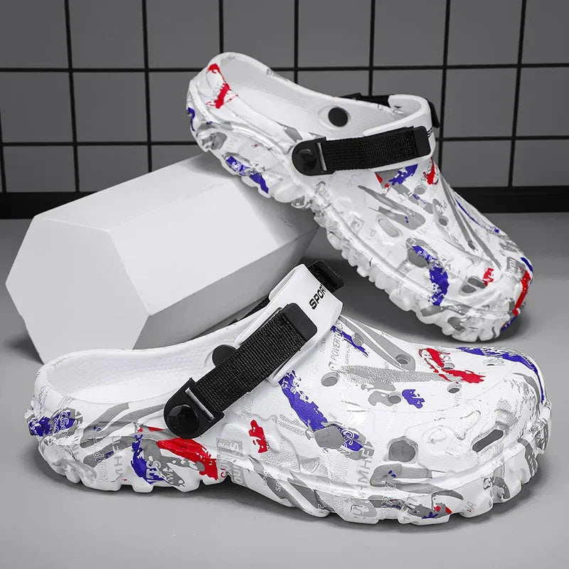 Men's garden clogs in EVA with an all-over graffiti print, vent holes and pivoting heel strap - white