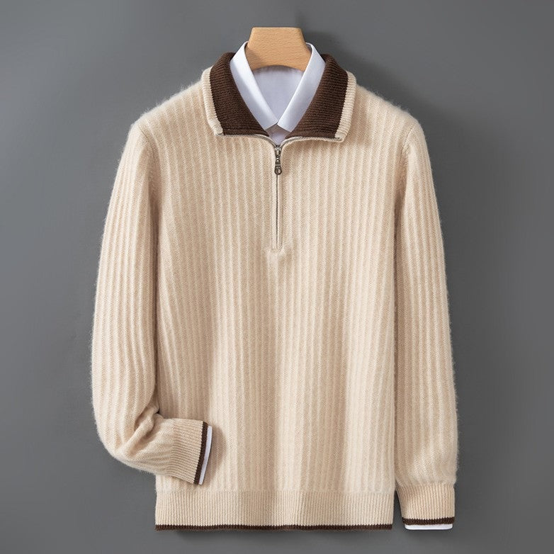 Men's ribbed half-zip jumper with a polo collar in a contrast colour - cream/brown