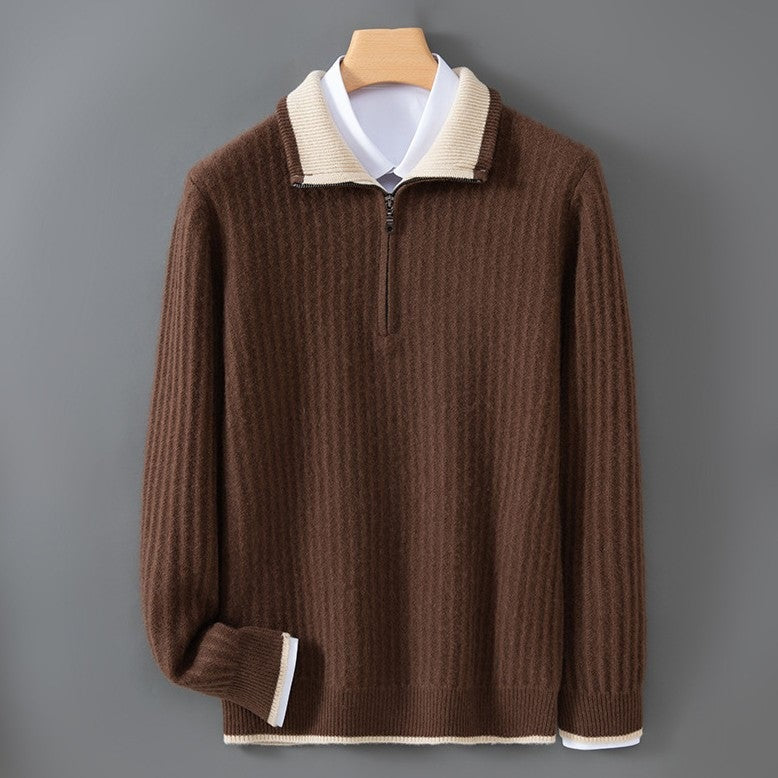 Men's ribbed half-zip jumper with a polo collar in a contrast colour - brown/cream