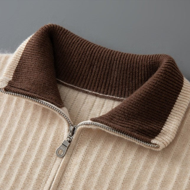Men's ribbed half-zip jumper with a polo collar in a contrast colour - view 5