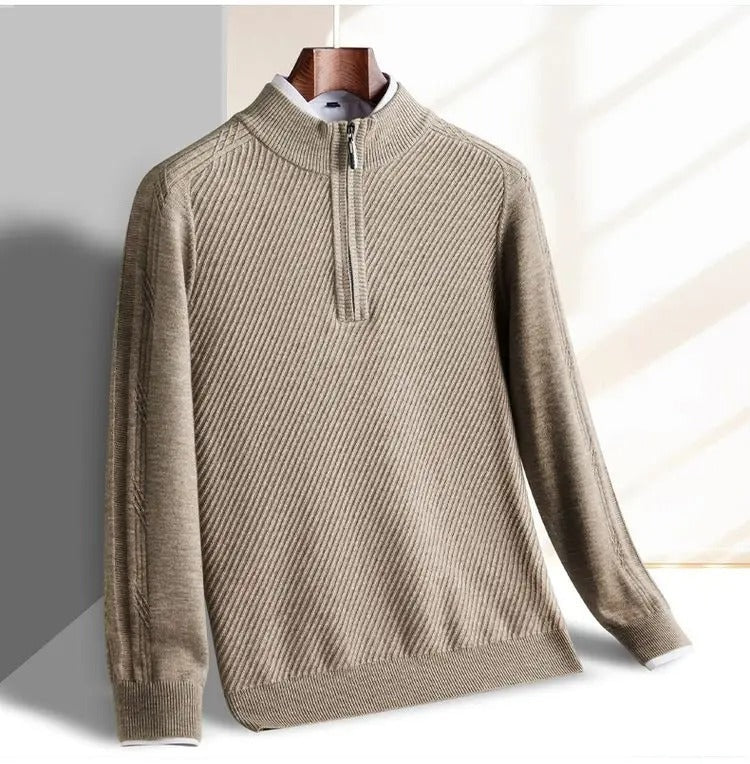 Men's half-zip jumper with a stand collar in a diagonal rib knit - taupe