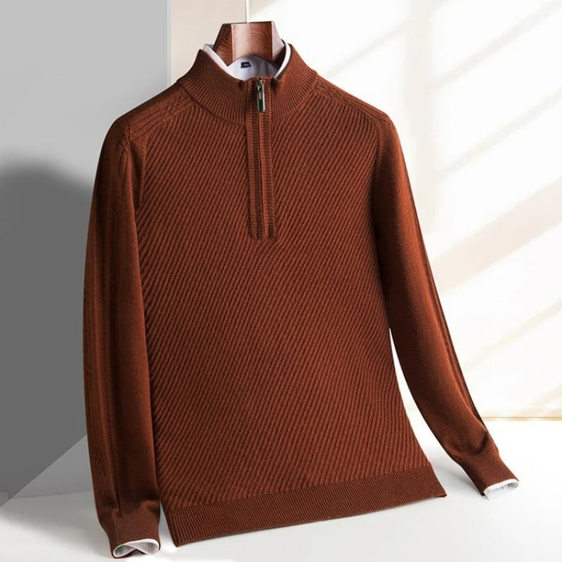 Men's half-zip jumper with a stand collar in a diagonal rib knit - rust