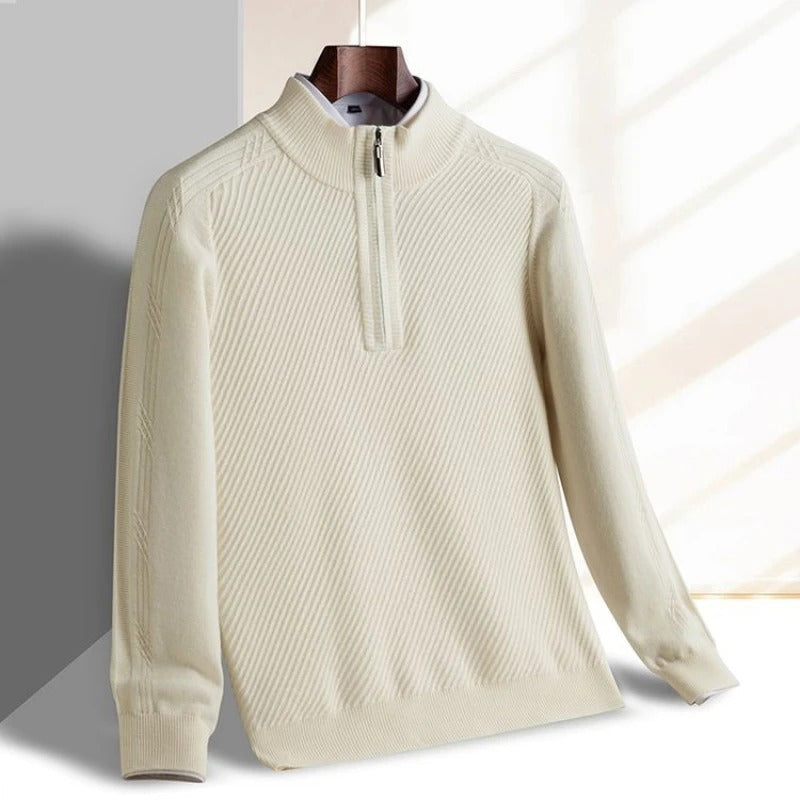 Men's half-zip jumper with a stand collar in a diagonal rib knit - ecru