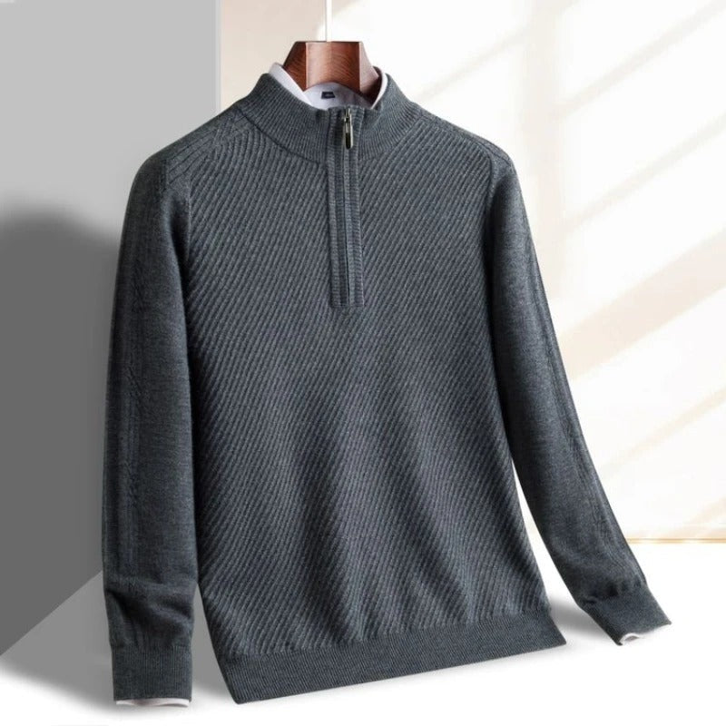 Men's half-zip jumper with a stand collar in a diagonal rib knit - slate grey