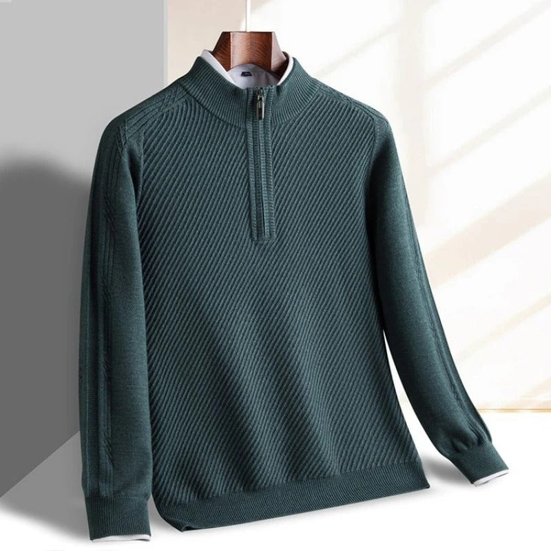 Men's half-zip jumper with a stand collar in a diagonal rib knit - dark teal