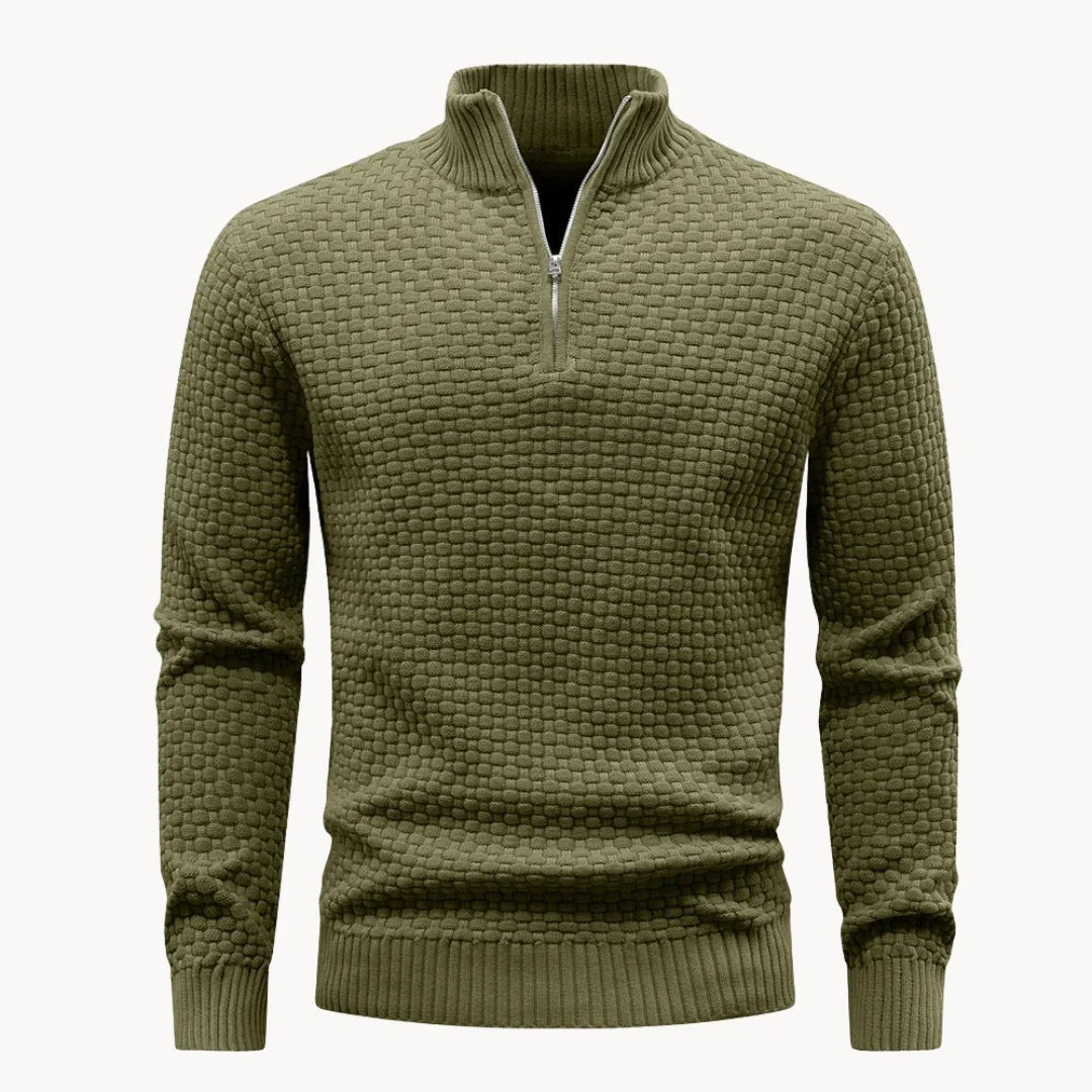 Men's half-zip jumper in a honeycomb knit - olive green