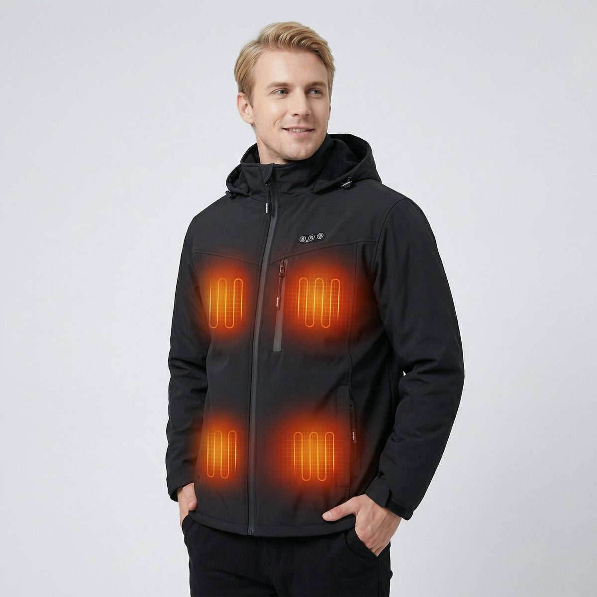 Men's heated jacket with a hood and 8 heating zones