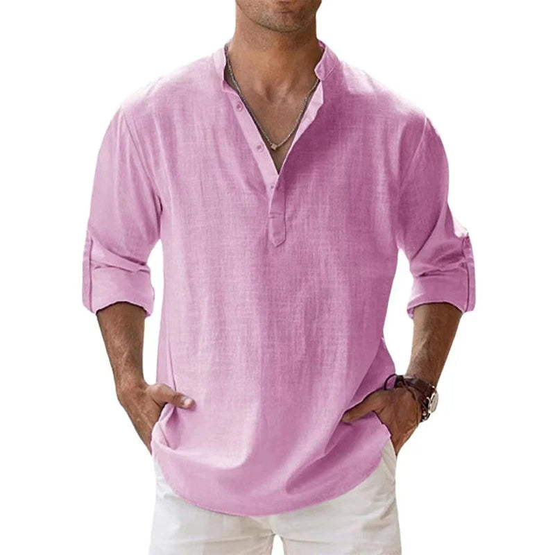 Men's henley shirt in a linen look with band collar, button neck and rolled-up sleeves - pink