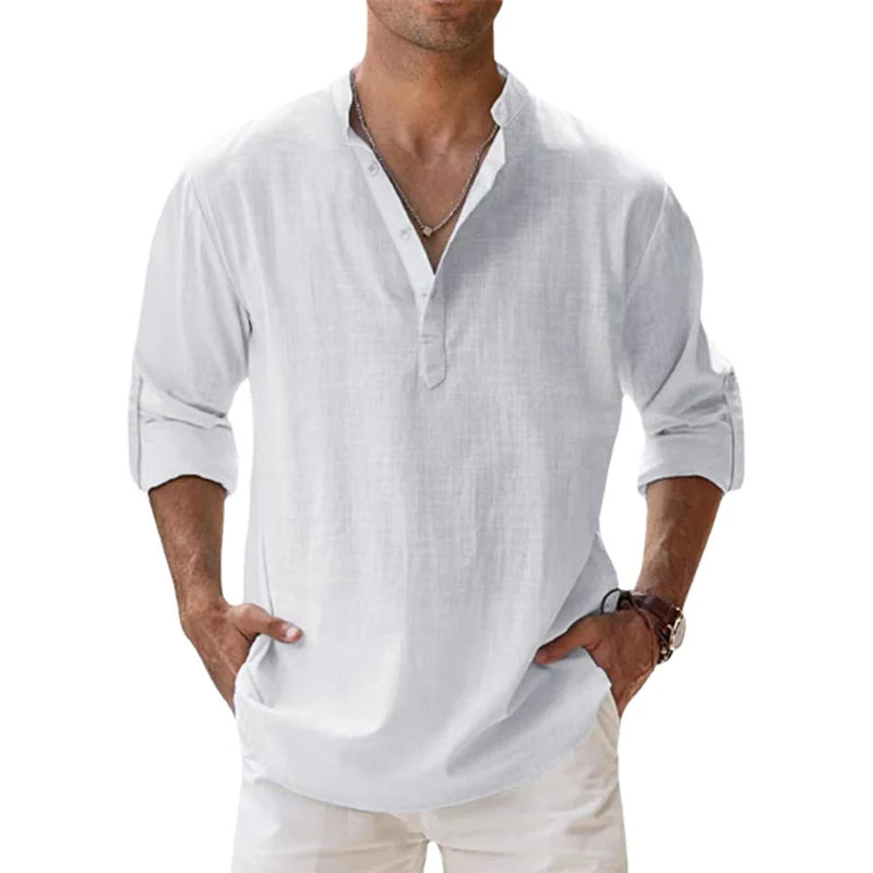 Men's henley shirt in a linen look with band collar, button neck and rolled-up sleeves - white