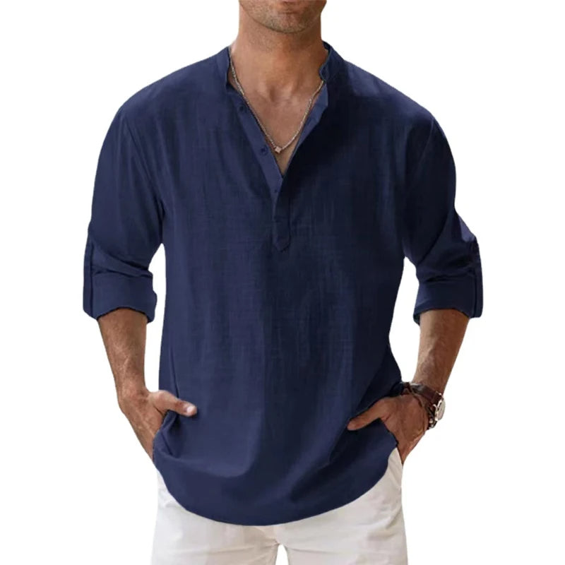 Men's henley shirt in a linen look with band collar, button neck and rolled-up sleeves - navy