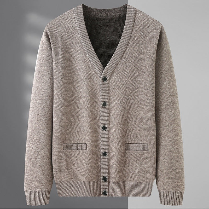 Men's herringbone knit cardigan with a V-neck, button front and welt pockets