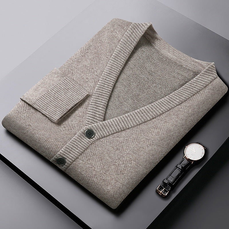 Men's herringbone knit cardigan with a V-neck, button front and welt pockets - taupe