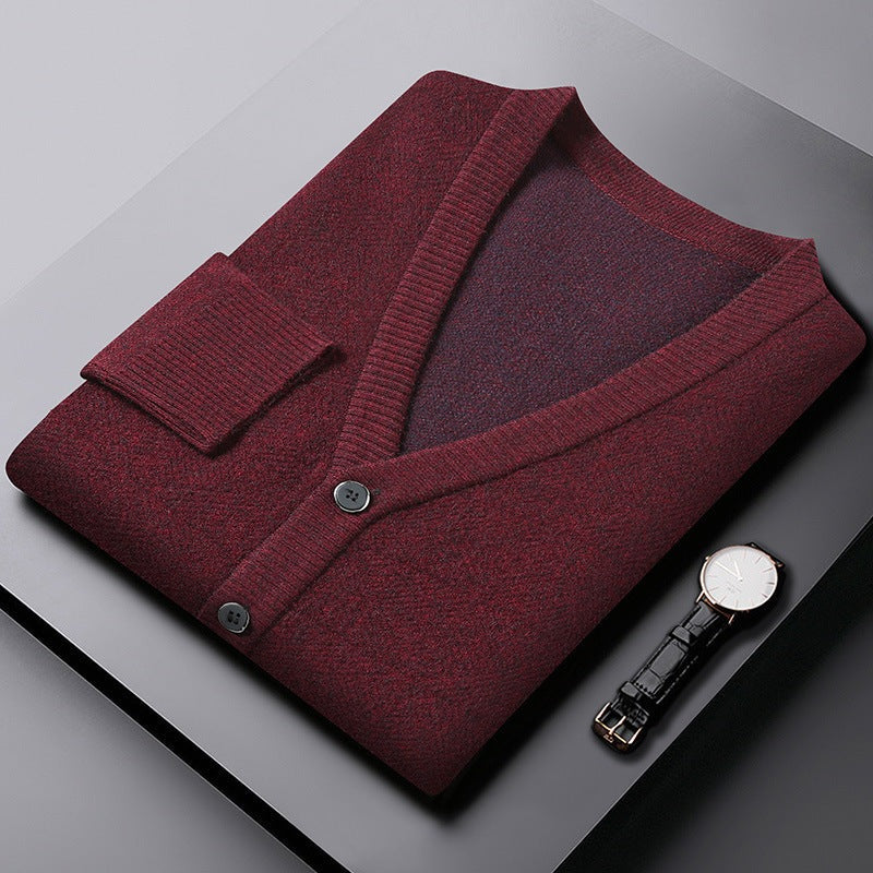 Men's herringbone knit cardigan with a V-neck, button front and welt pockets - burgundy