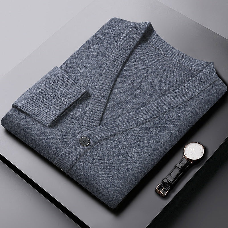 Men's herringbone knit cardigan with a V-neck, button front and welt pockets - blue grey