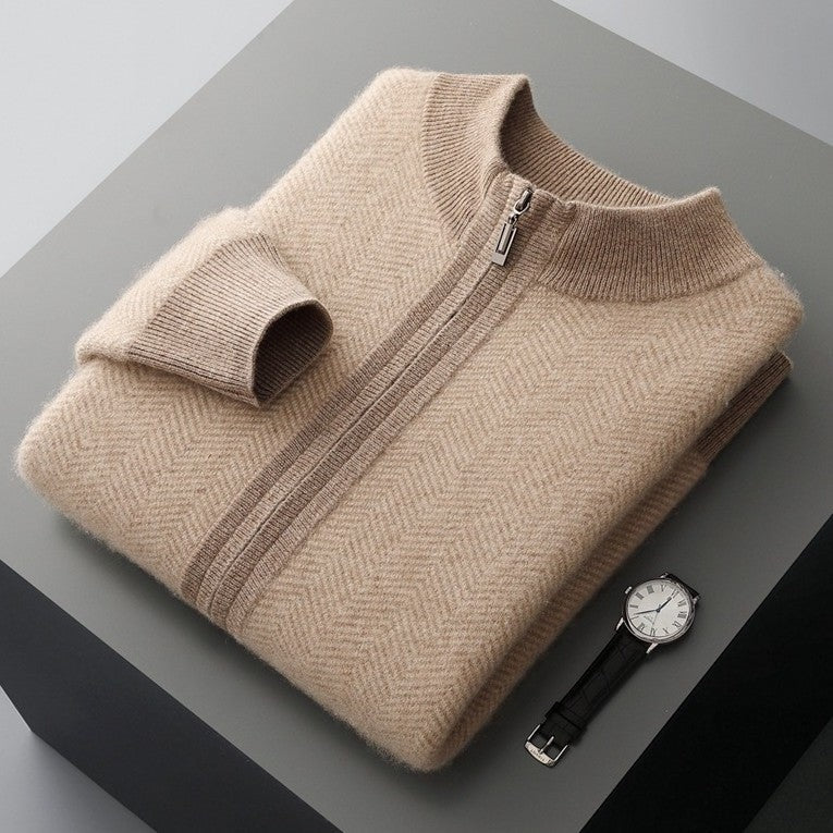 Men's herringbone knit cardigan with a stand collar and full-length zip - beige