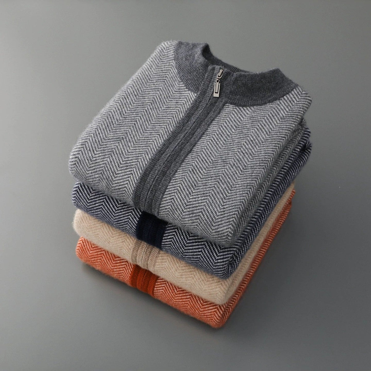 Men's herringbone knit cardigan with a stand collar and full-length zip - view 9