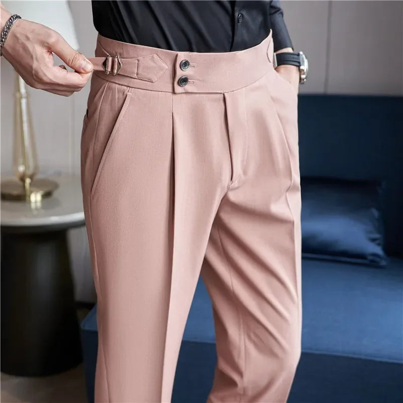 Men's high-waisted trousers with two buttons and adjustable buckle side tabs - dusty pink