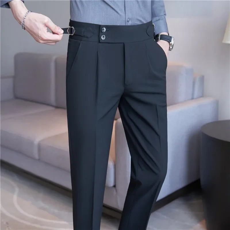 Men's high-waisted trousers with two buttons and adjustable buckle side tabs - black
