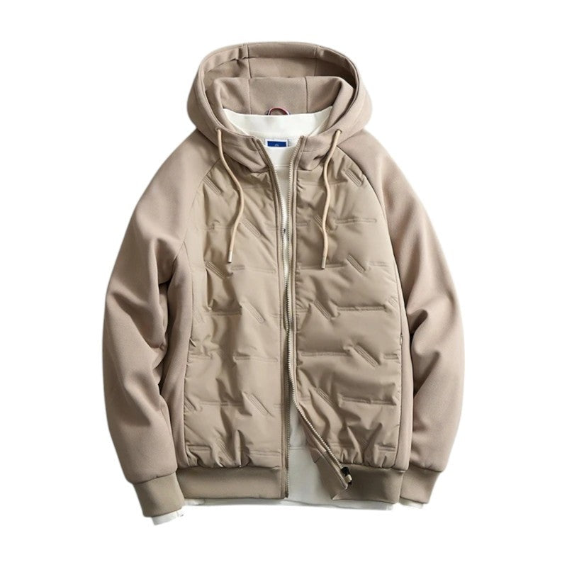 Men's hooded hybrid jacket with a padded front and jersey sleeves - sand
