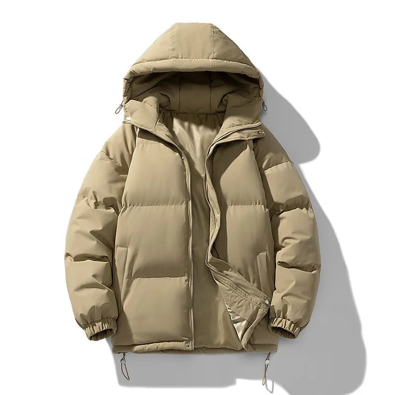 Men's hooded puffer jacket with an inner stand collar - sand