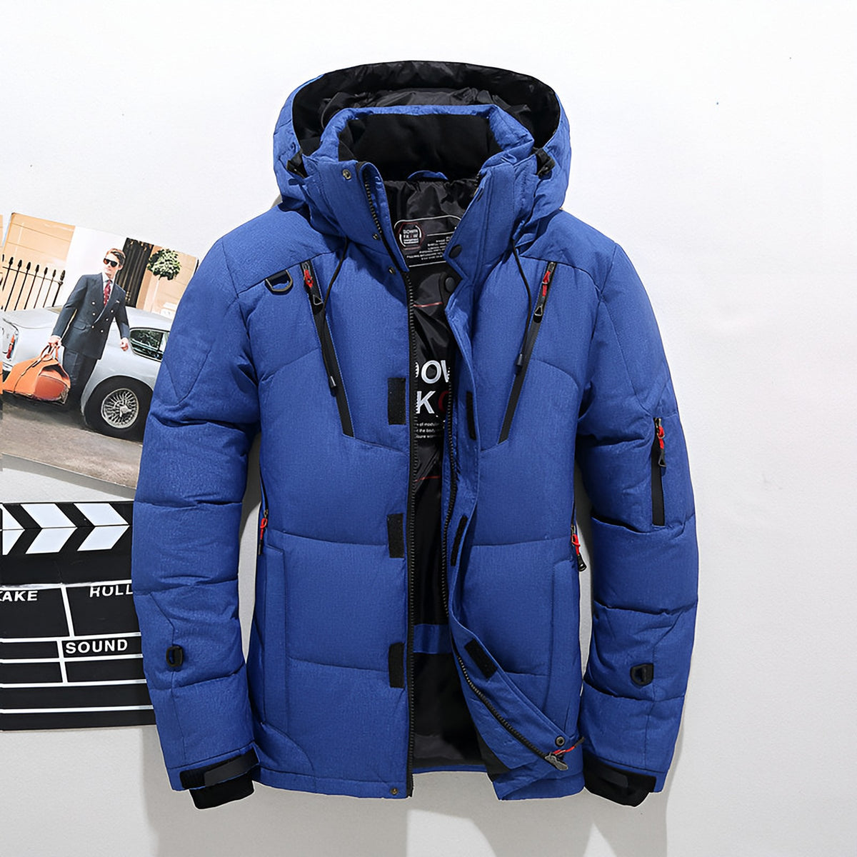 Men's hooded puffer jacket with wide quilted panels, zipped chest pockets and adjustable cuffs - cobalt blue